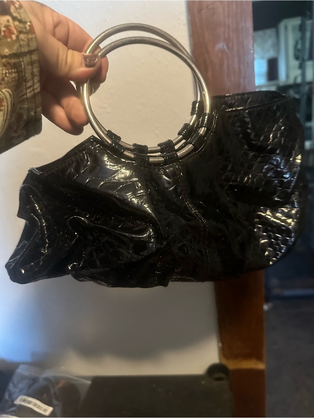 Chateau Black Patent Croc-Embossed Ring Handle Clutch